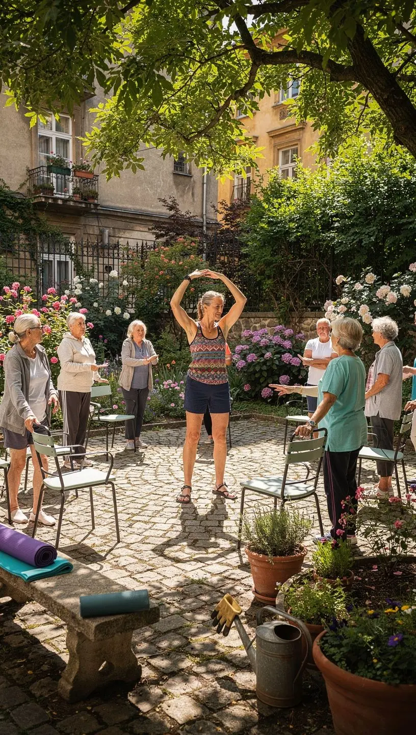 Edző bemutat egy ízületkímélő gyakorlatot egy idősebb férfinak, videóhívás keretében.
