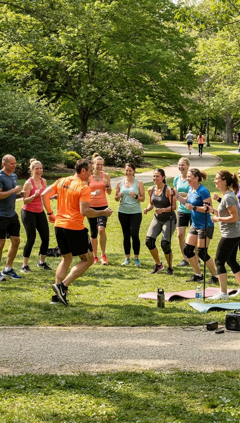 Online edzésprogram bemutatása, ahol az edző és a résztvevők interaktívan kommunikálnak.