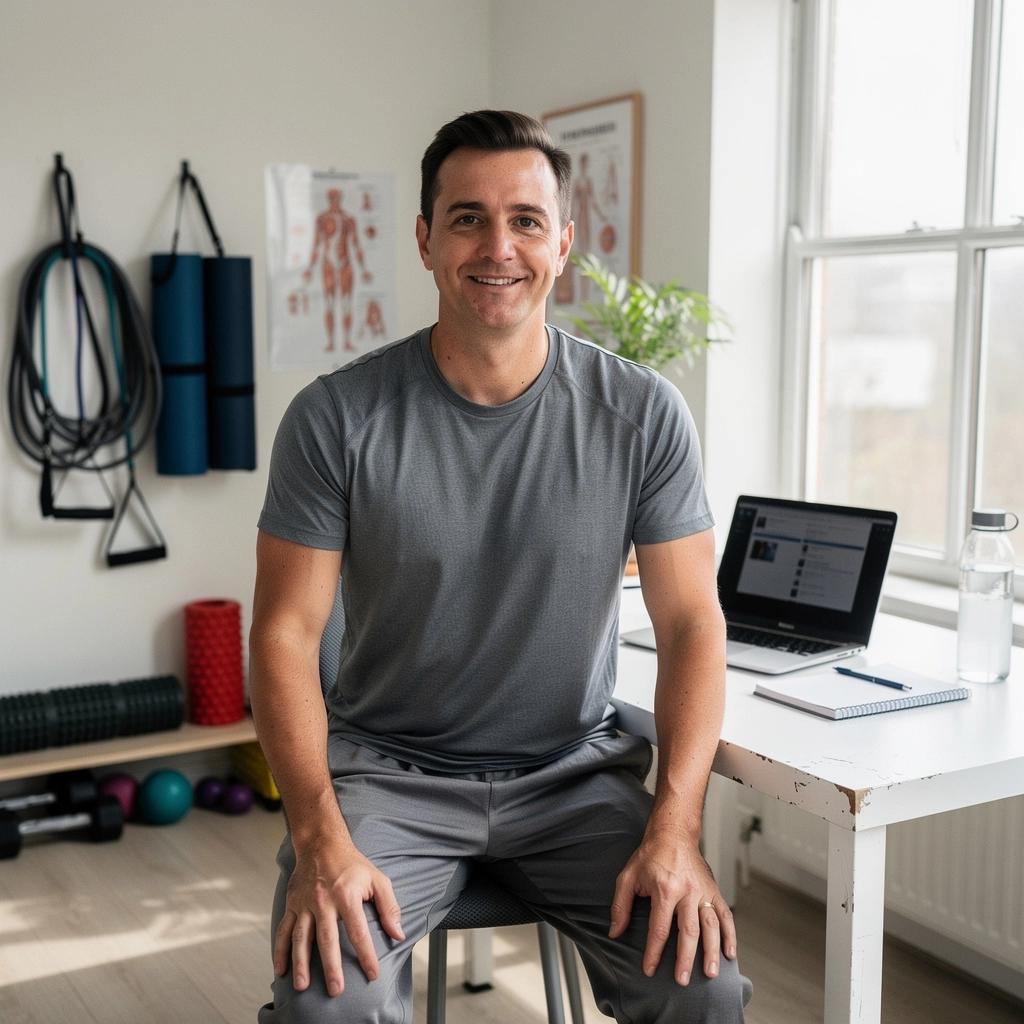 Idős emberek közösen végeznek ízületbarát gyakorlatokat otthon, online edzés keretében.