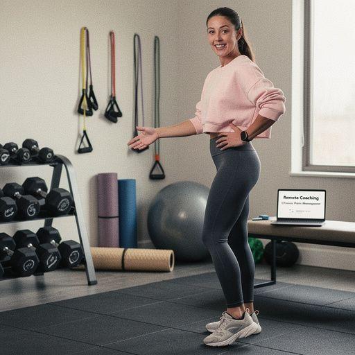 Fiatal edző figyelmesen kíséri figyelemmel az idősebb résztvevőt a virtuális edzés során.